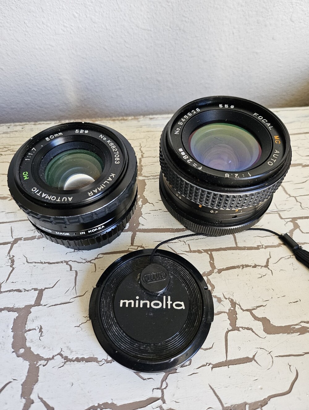 Minolta MC Auto 28mm f/2.8 + Kalimar 50mm f/1.7 Lens Lot 55/52mm